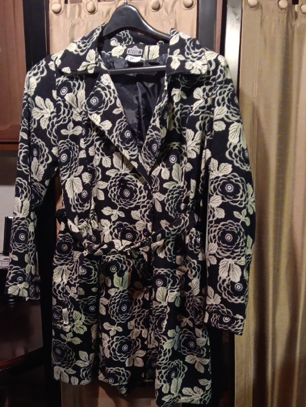 Angie Black and Cream Floral Belted Coat